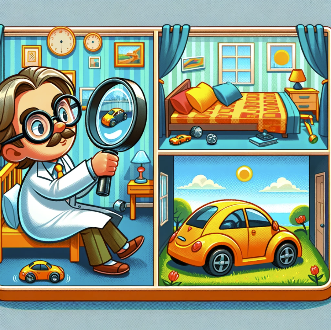 Here is a high-quality cartoon image that illustrates the concept of invariance in physics. It shows a cartoon scientist examining a toy car in different environments, representing the idea that some aspects of physics remain unchanged regardless of the setting