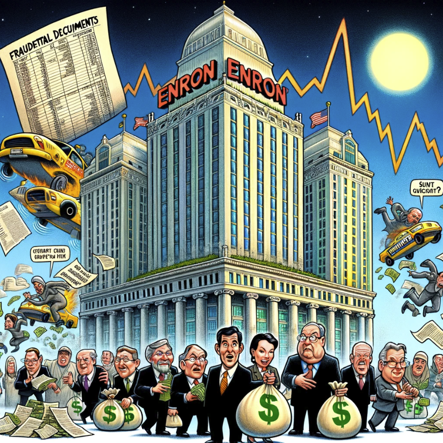 Here is a cartoon-style image that represents the Enron financial scandal. The image captures the essence of the scandal with a satirical tone.