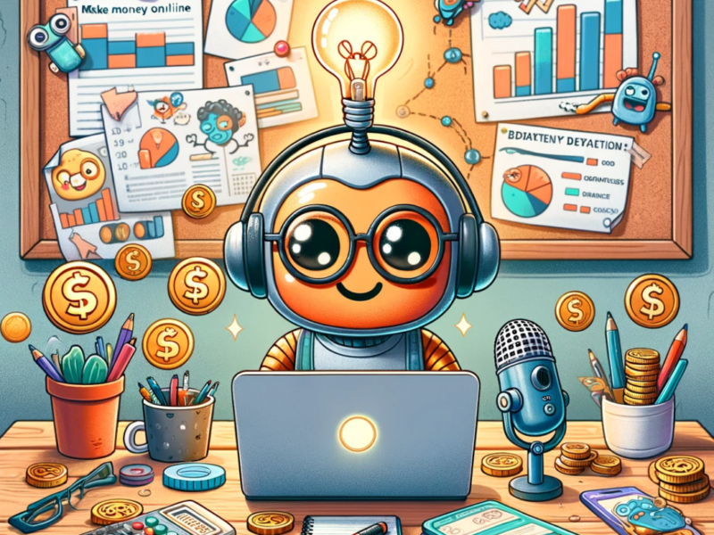 whimsical and colorful cartoon image depicting ChatGPT as a cheerful robot engaged in various activities related to making money online. You can see the robot surrounded by symbols of online income generation, such as a laptop, a microphone, and notes for blogs and software projects.