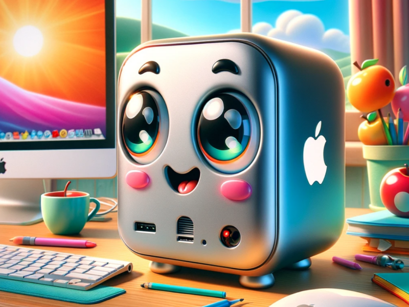 playful and colorful cartoon image of a Mac Mini, personified with expressive features, creating a fun and inviting scene