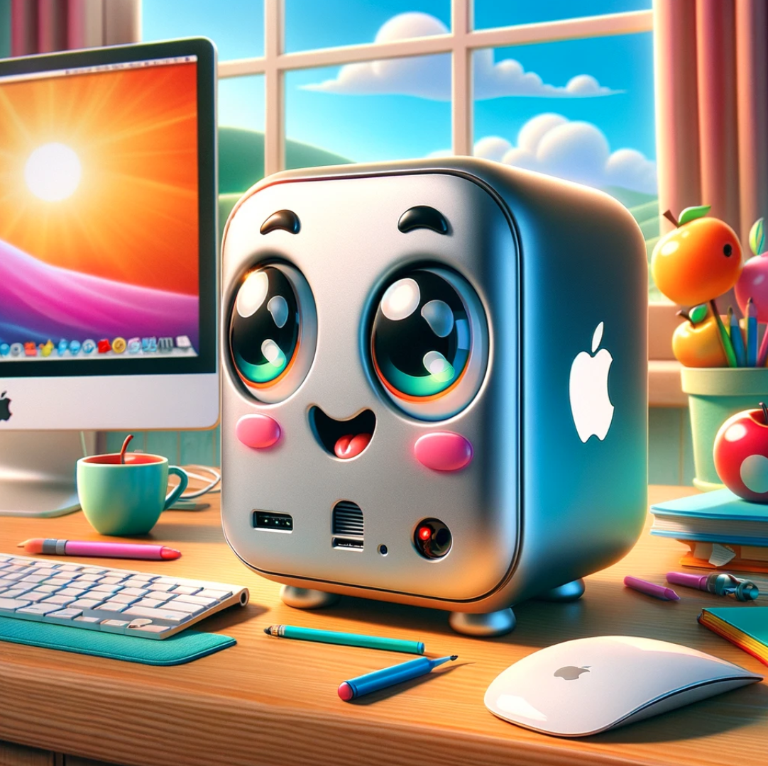 playful and colorful cartoon image of a Mac Mini, personified with expressive features, creating a fun and inviting scene