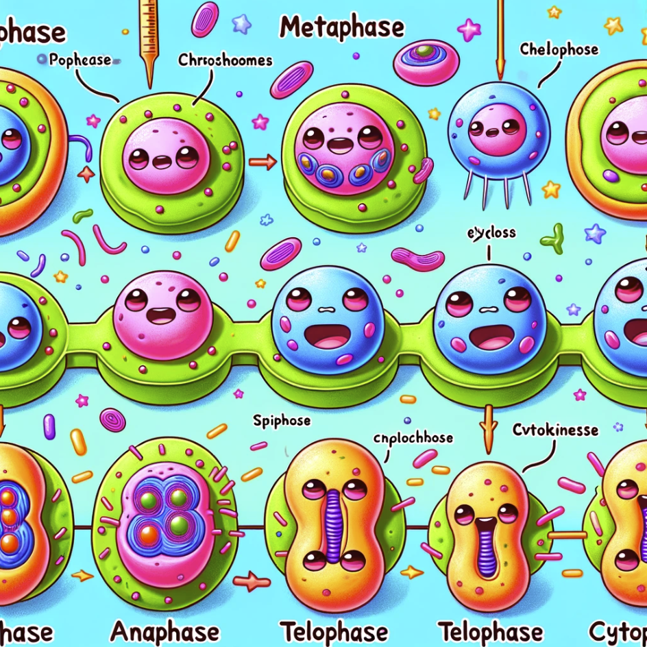 cartoon-style image illustrating the process of mitosis cell division, designed to be educational and engaging