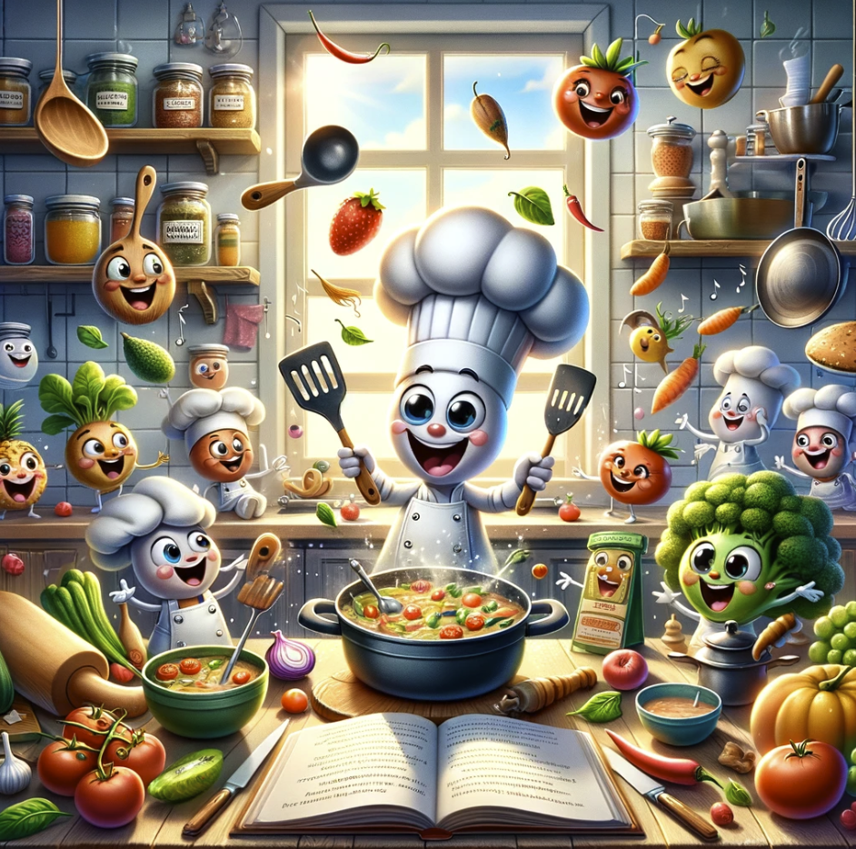whimsical cartoon image of a bustling kitchen scene, capturing the joy and magic of cooking in a playful and imaginative way