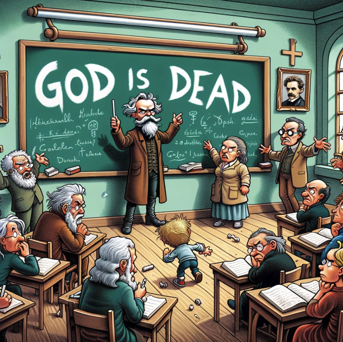 cartoon image illustrating Friedrich Nietzsche's philosophical concept of "God is Dead" in a whimsical classroom setting