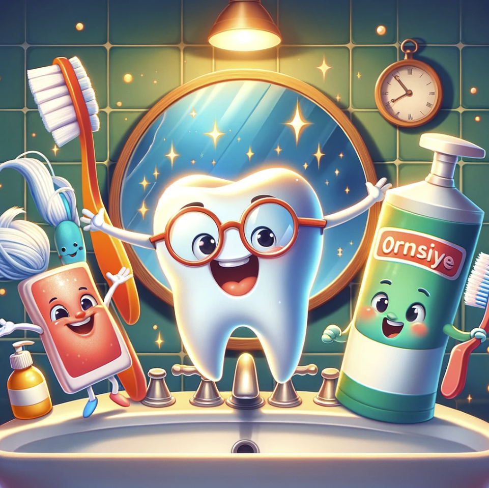 image depicting various animated dental hygiene products in a cozy bathroom setting, designed to encourage dental care at home in a fun and engaging way