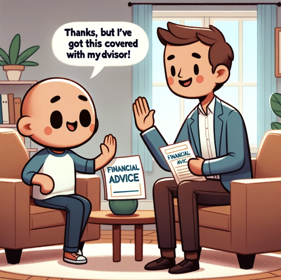 image depicting a character respectfully declining financial advice. The scene captures a light-hearted and supportive interaction, illustrating how to maintain a positive relationship while asserting financial independence