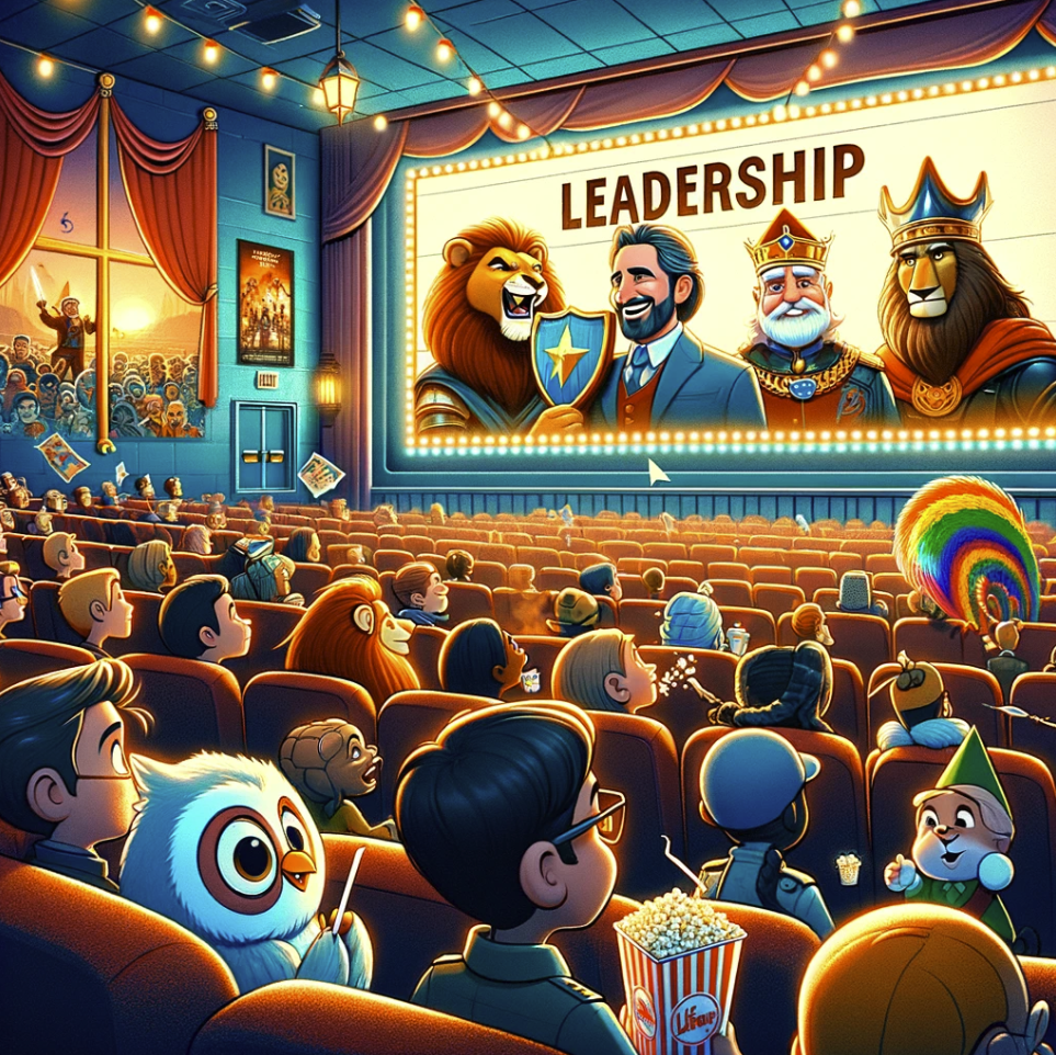 image depicting a diverse group of animated characters in a movie theater, inspired by leadership-themed movies