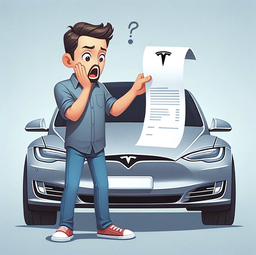 man standing next to a Tesla car, looking shocked at the cost indicated on a piece of paper he's holding. This scene highlights the theme of unexpected expenses in a humorous and exaggerated manner