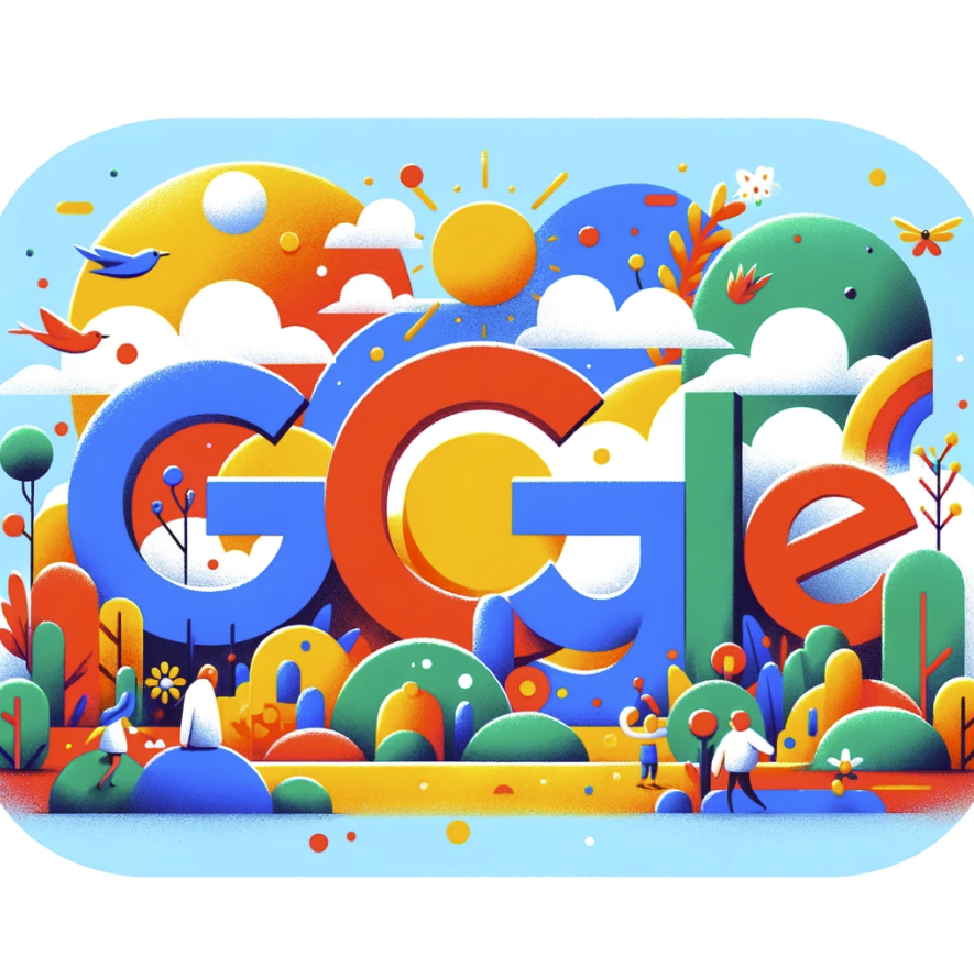 image featuring the iconic Google logo in a whimsical, colorful landscape. The scene is filled with playful elements, embodying the creativity and innovation associated with Google