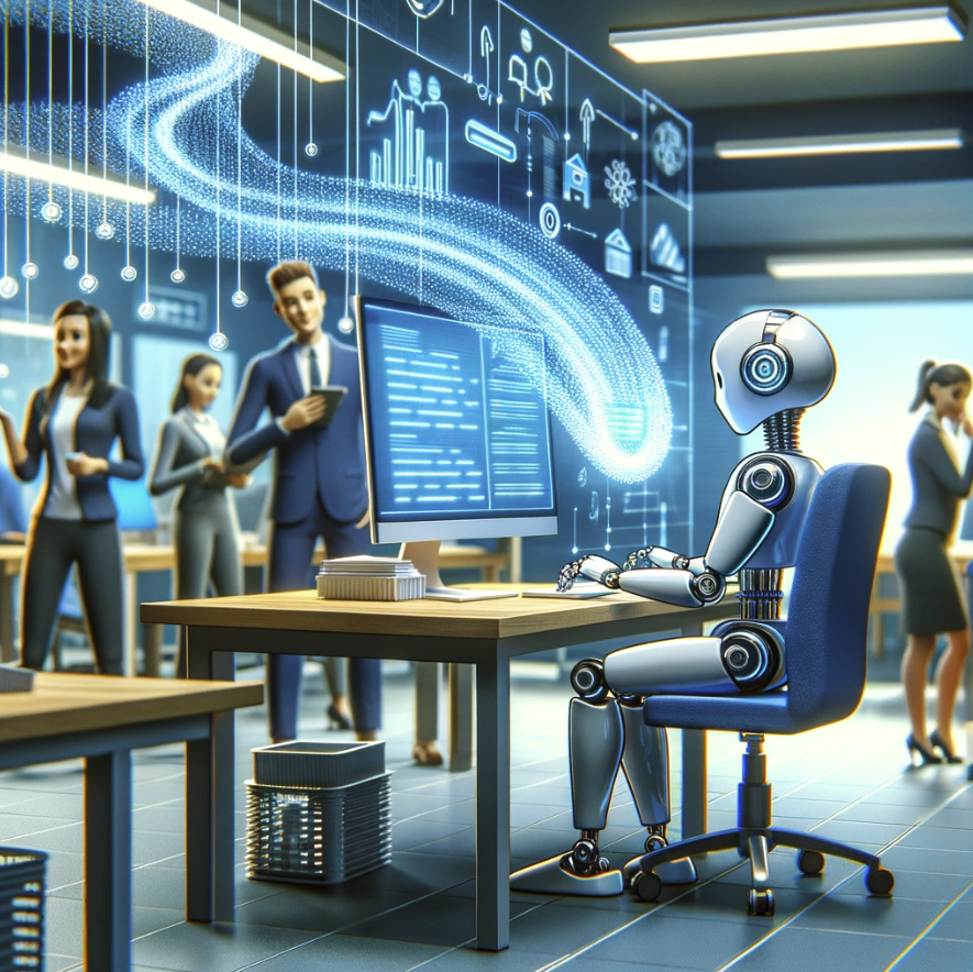 Artificial Intelligence (AI) at work in an office setting. The scene features a robot at a desk with digital data streams, highlighting the synergy between humans and AI technology in the workplace in a light-hearted and futuristic manner