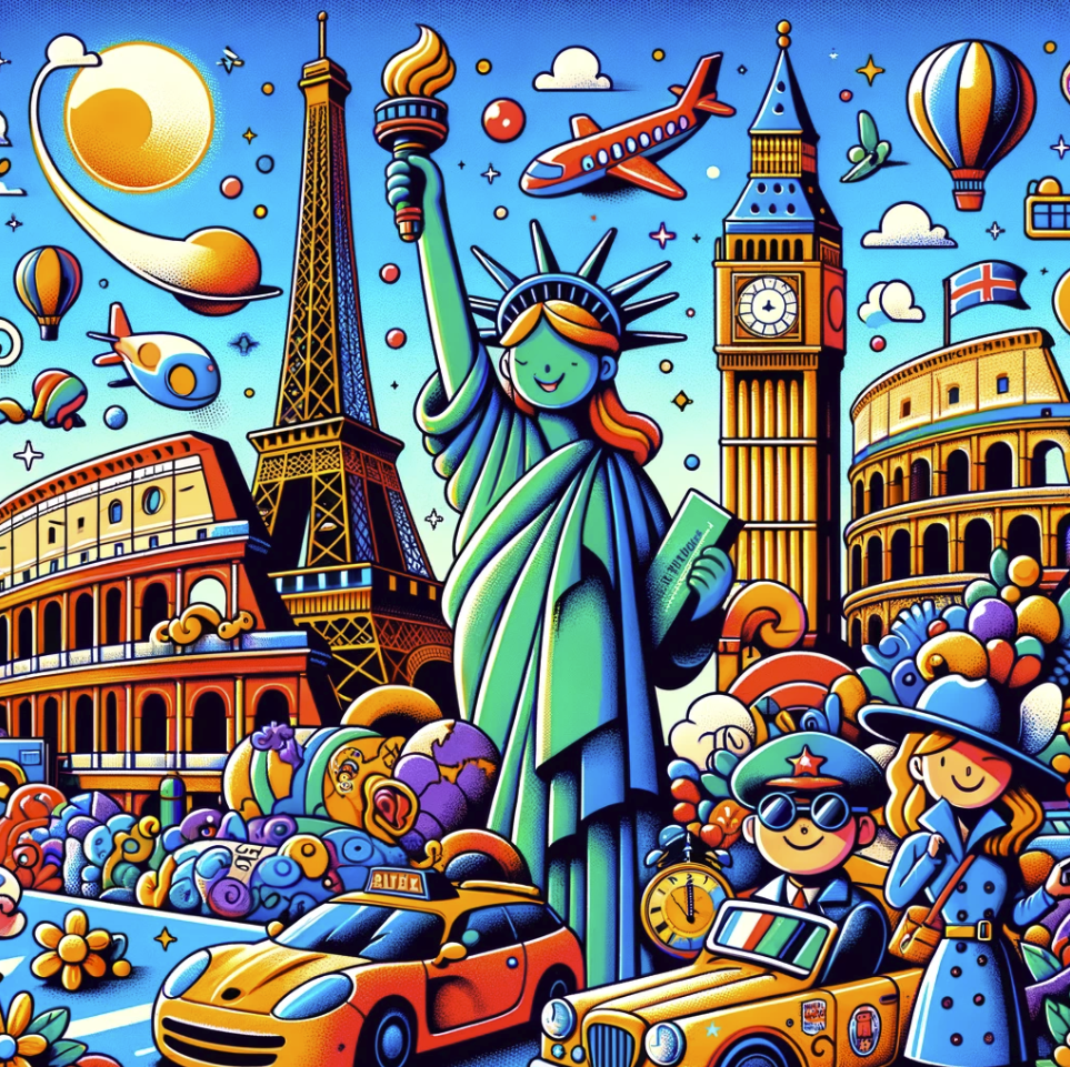 collage showcasing some of the most popular cities in the world, featuring iconic landmarks like the Eiffel Tower, Statue of Liberty, Colosseum, Big Ben, and Tokyo Tower. Each landmark is accompanied by playful characters that embody the spirit of their city, creating a cohesive image that captures the global allure and cultural diversity of these famous locations in a colorful and engaging design
