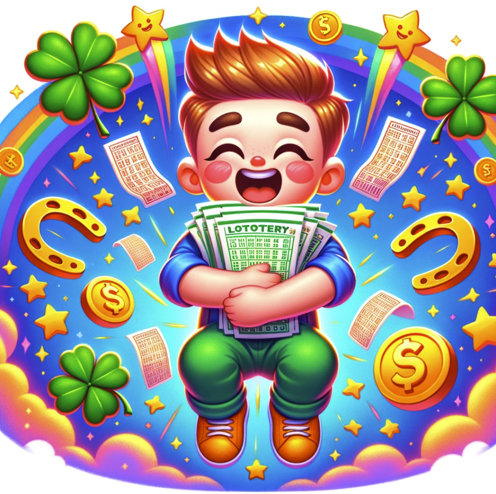 image of a character joyfully holding a bunch of lottery tickets, surrounded by symbols of luck like four-leaf clovers, horseshoes, and falling coins. The character's expression of hope and excitement captures the dream of winning big, set against a vibrant background filled with stars and sparkles. This illustration embodies the magical and hopeful atmosphere of playing the lottery, highlighting the thrill of the chance to win and the optimism of players