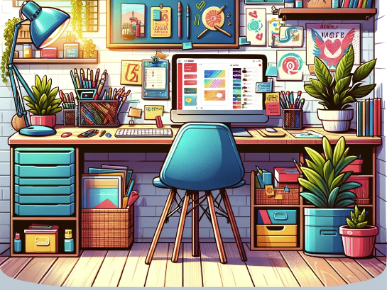 image designed for Pinterest, featuring a creative workspace that could inspire productivity and creativity