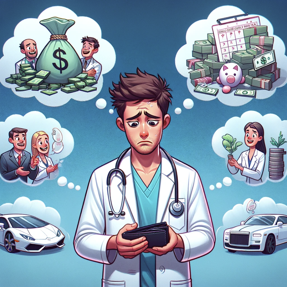 image depicting a doctor struggling financially, while everyone else thinks they're rich. This illustration captures the contrast between the common misconceptions about doctors' wealth and the reality of their financial challenges
