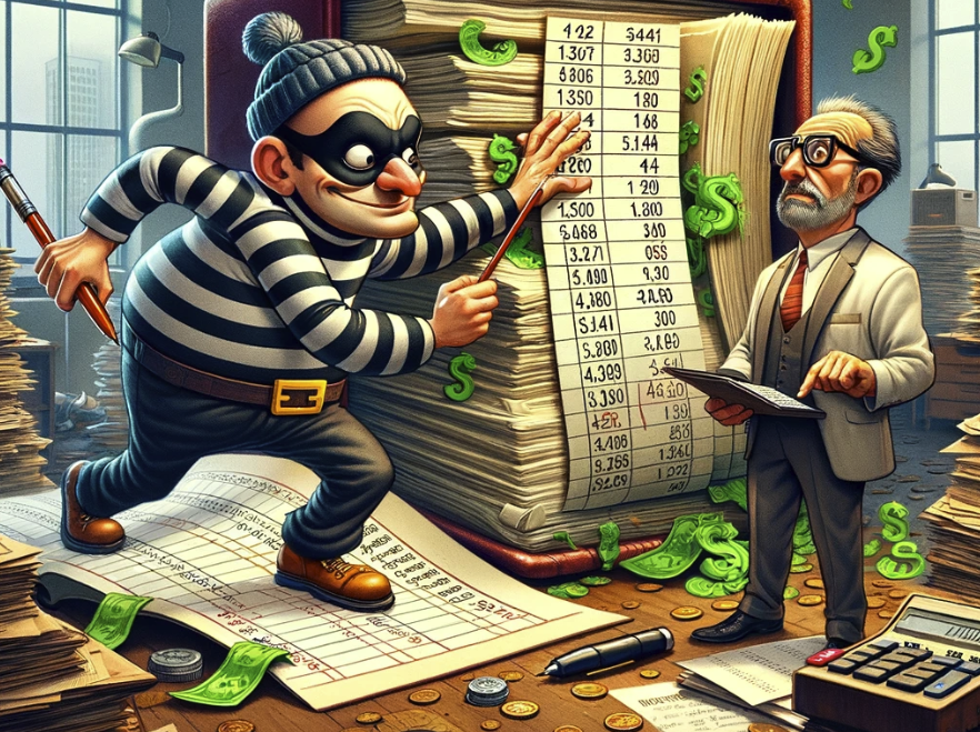image depicting the concept of accounting fraud, capturing the humorous side of a rather serious subject. It visualizes the sneaky character in action within an office setting, creatively illustrating the deceptive nature of such fraudulent activities
