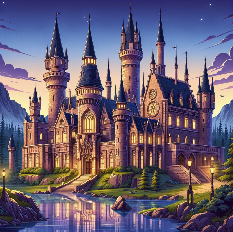 image showcasing a grand, magical castle that captures the essence of enchantment and wonder, set in a twilight scene that enhances its mystical atmosphere