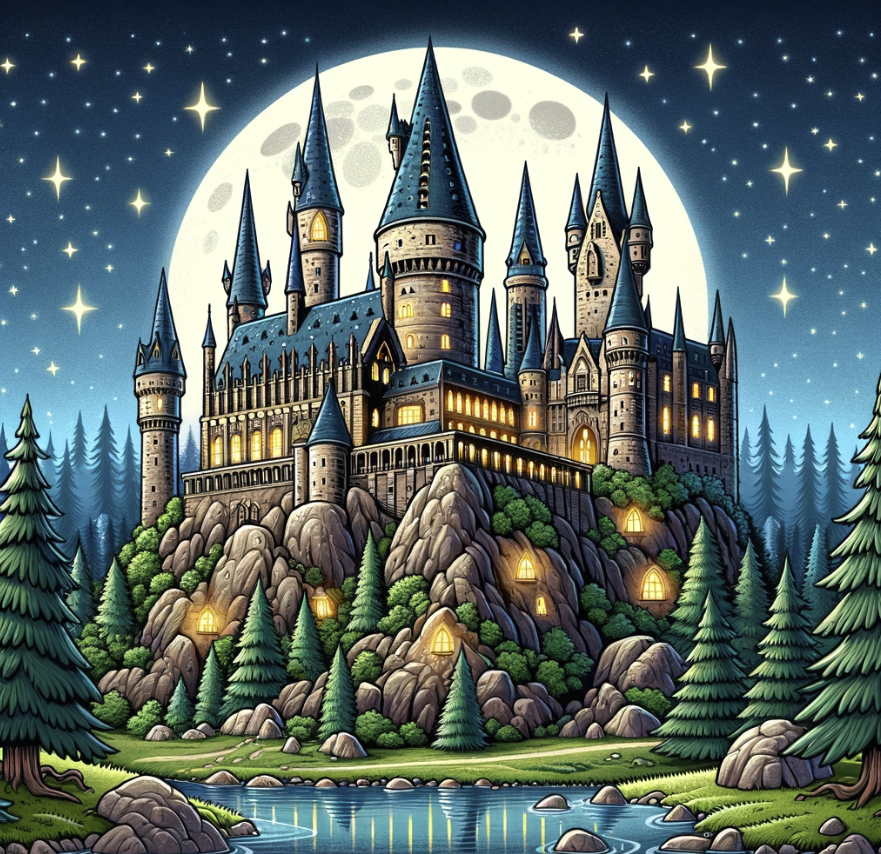majestic and mystical castle in a whimsical scene. This illustration captures the magic and charm of a famous school for wizards and witches, set against a backdrop of a clear night sky