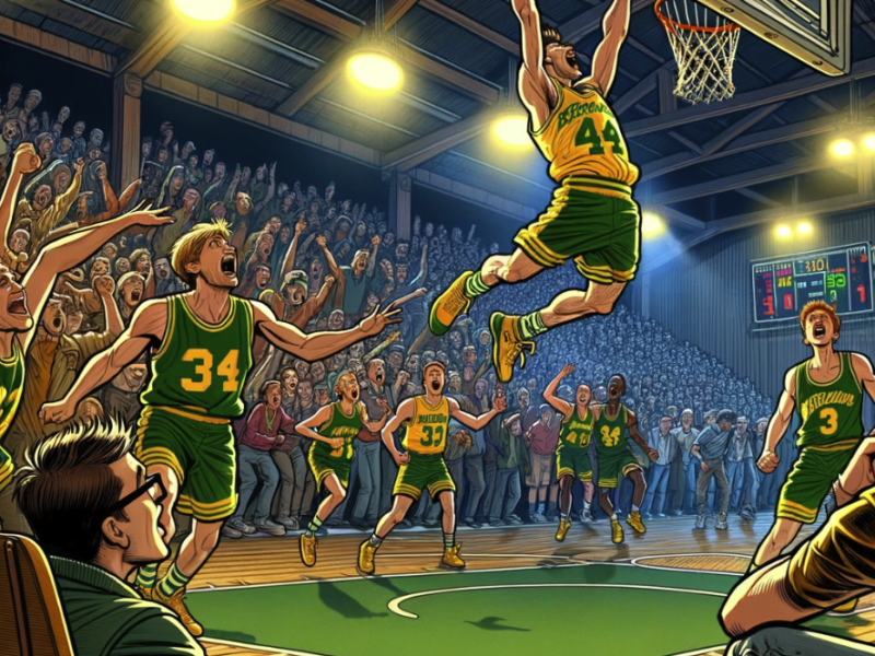 dramatic moment in a basketball movie, featuring a player making a game-winning shot