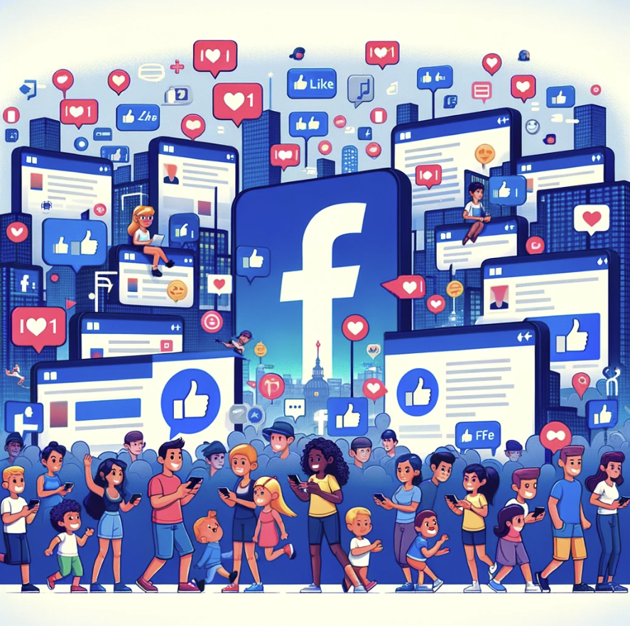 concept of Facebook traffic, with characters engaging in various activities on the platform